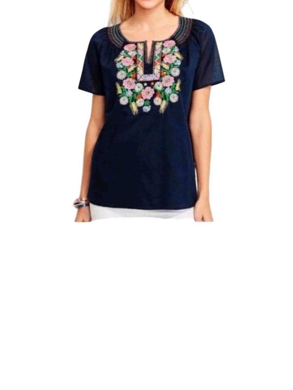 Talbots Petites Navy Heavily Embroidered Floral Blouse M/P Cotton Short Sleeve